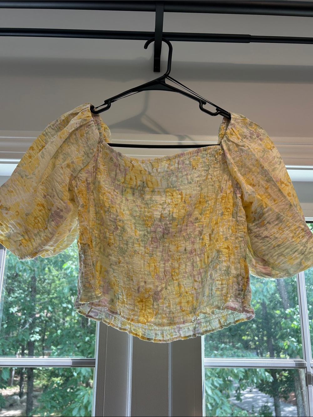 H&M Yellow Floral Smocked Square-Neck Crop Top